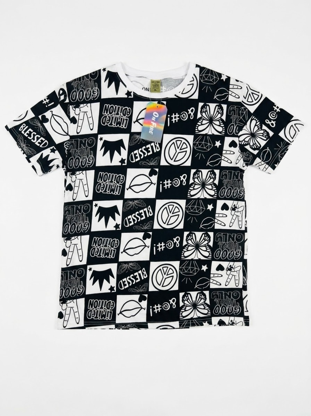On Fire Black & White Checkerboard Graphic Tee